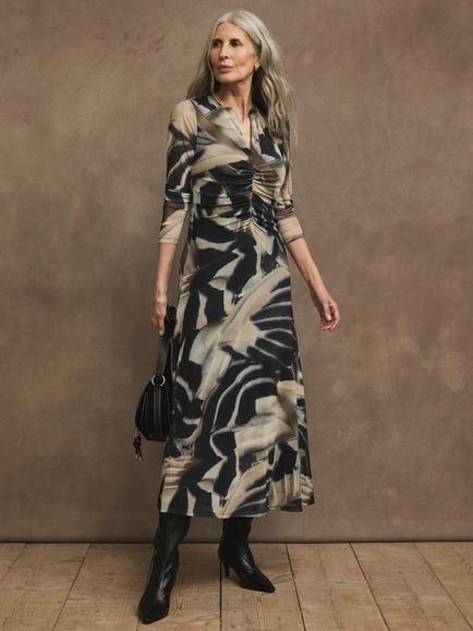 Mint Velvet Abstract A-Line Midi Dress, Black/Multi, Black/Multi