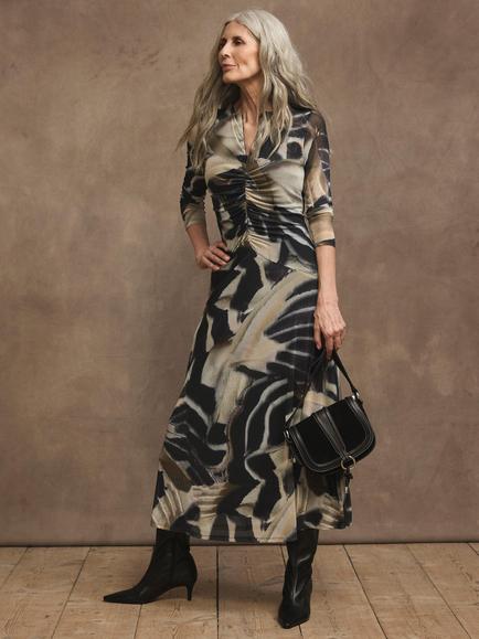 Mint Velvet Abstract A-Line Midi Dress, Black/Multi - view 2, Black/Multi