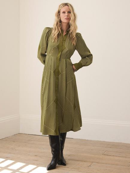 Mint Velvet Satin Printed Midi Shirt Dress, Green/White, Green/White