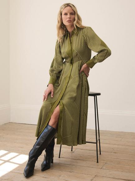 Mint Velvet Satin Printed Midi Shirt Dress, Green/White - view 2, Green/White