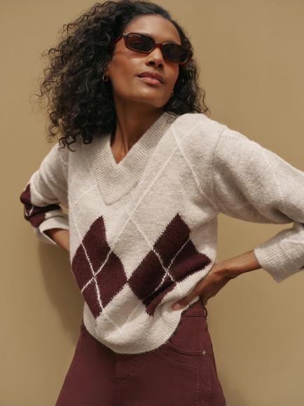 Mint Velvet Argyle Knit Jumper, Natural/Brown, Natural/Brown