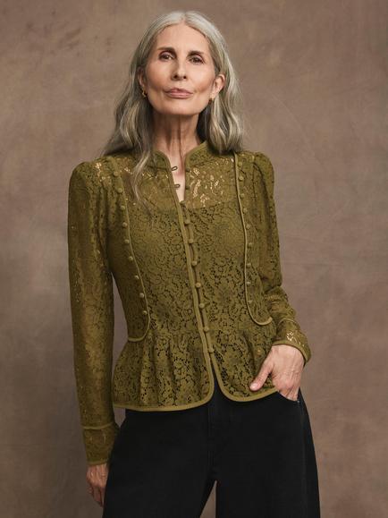 Mint Velvet Lace Military Blouse, Olive Green, Olive Green