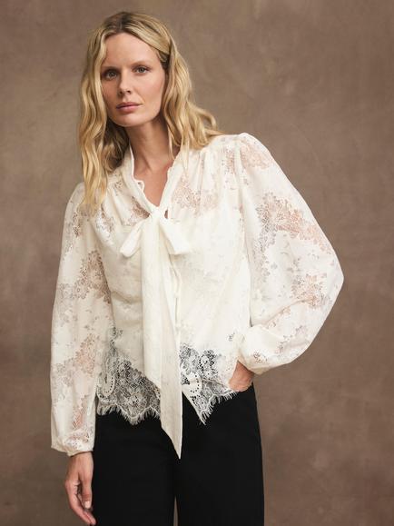Mint Velvet Lace Pussybow Blouse, Ivory, Ivory
