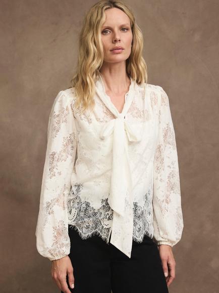 Mint Velvet Lace Pussybow Blouse, Ivory - view 2, Ivory