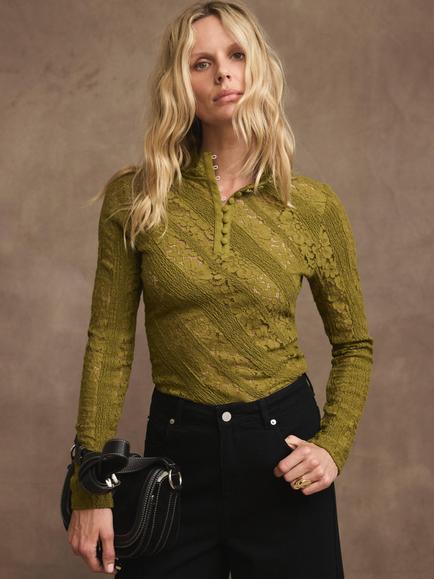 Mint Velvet Button Detail Cotton Rich Floral Lace Top, Olive Green, Olive Green