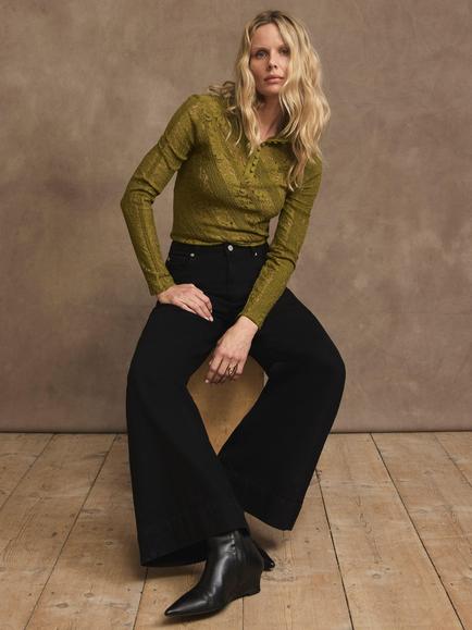 Mint Velvet Button Detail Cotton Rich Floral Lace Top, Olive Green - view 2, Olive Green