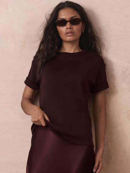 Mint Velvet Crew Neck Cotton T-Shirt, Red Burgundy, Red Burgundy