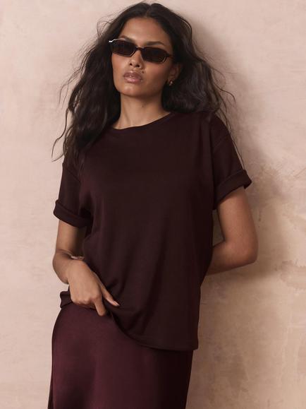 Mint Velvet Crew Neck Cotton T-Shirt, Red Burgundy - view 2, Red Burgundy