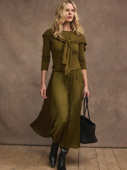 Mint Velvet Crinkle Maxi Skirt, Olive Green - view 2, Olive Green