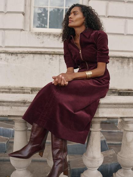 Mint Velvet Cotton Rich Corduroy Maxi Dress, Red Burgundy - view 2, Red Burgundy