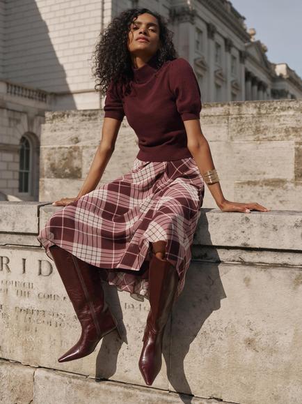 Mint Velvet Cashmere Blend Check A-Line Midi Dress, Red Burgundy - view 2, Red Burgundy