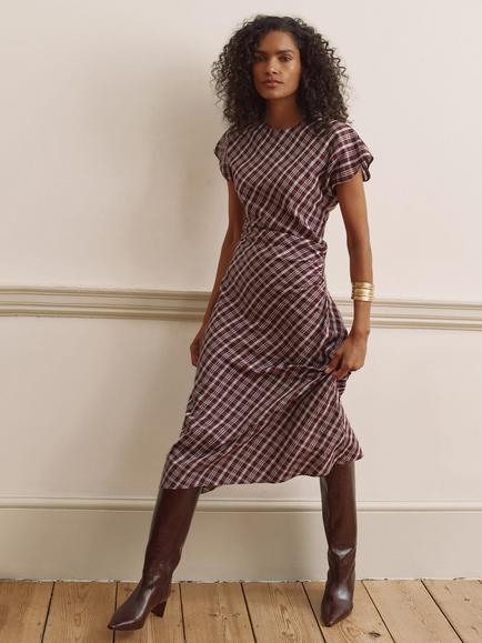 Mint Velvet Checked Ruched Midi Dress, Brown/Multi, Brown/Multi