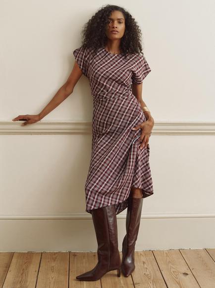 Mint Velvet Checked Ruched Midi Dress, Brown/Multi - view 2, Brown/Multi