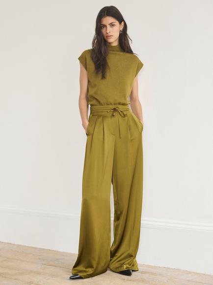Mint Velvet Satin Wide Leg Trousers, Olive Green, Olive Green