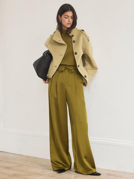 Mint Velvet Satin Wide Leg Trousers, Olive Green - view 2, Olive Green