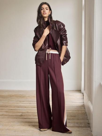 Mint Velvet Stripe Wide Leg Joggers, Burgundy/Multi, Burgundy/Multi