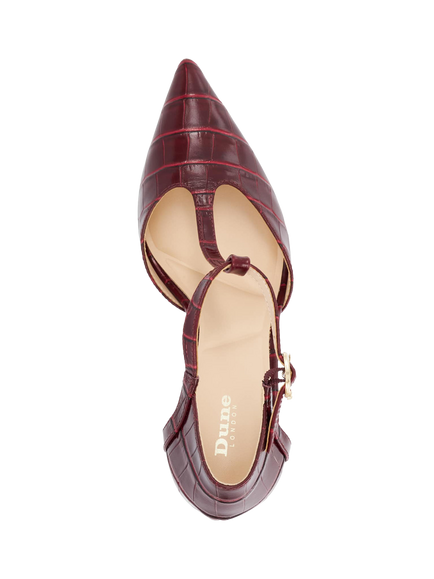 Dune London Castered Crocodile Effect Leather Court Shoes, Burgundy - view 2, Burgundy