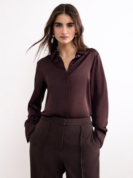 Phase Eight Novie Satin Long Sleeve Shirt, Brown, Brown