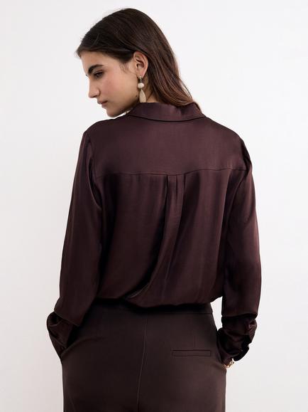 Phase Eight Novie Satin Long Sleeve Shirt, Brown - view 2, Brown