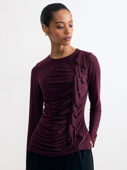 Phase Eight Kate Ruffle Round Neck Top, Burgundy, Burgundy