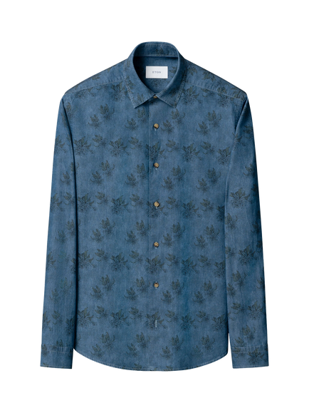 Eton Floral Denim Shirt, Mid Blue, Mid Blue