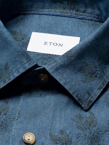 Eton Floral Denim Shirt, Mid Blue - view 2, Mid Blue