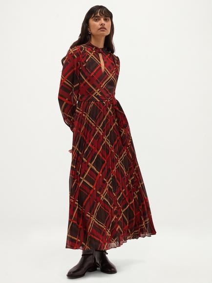 Hobbs Ophelia Check Flared Midi Dress, Brown, Brown