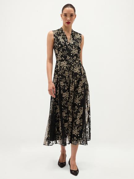 Hobbs Quin Floral Embroidered Flared Midi Dress, Black, Black