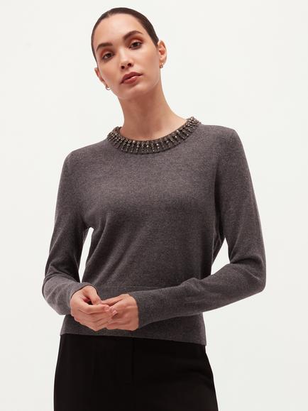 Hobbs Lindie Gem Collar Jumper, Grey, Grey