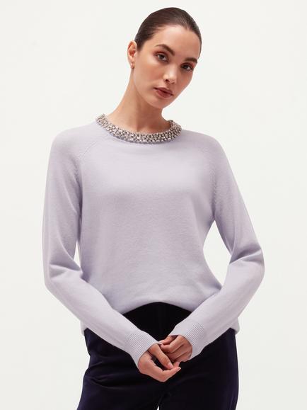 Hobbs Sherry Wool Blend with Cashmere Jewel Neck Jumper, Blue, Blue