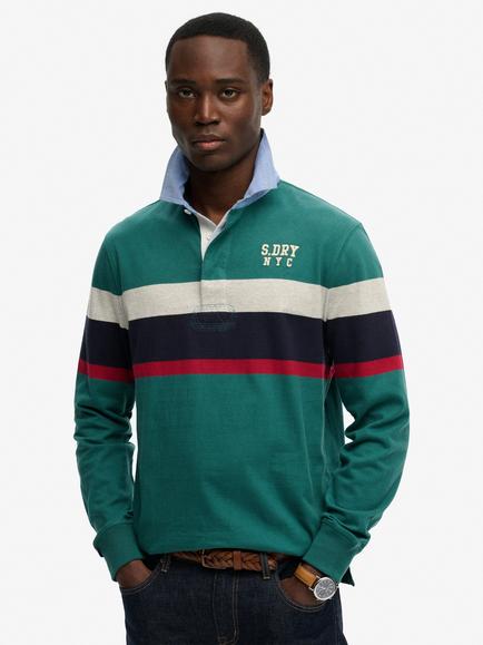 Superdry Vintage Chestband Cotton Rugby Shirt, Pacific Green/Multi, Pacific Green/Multi