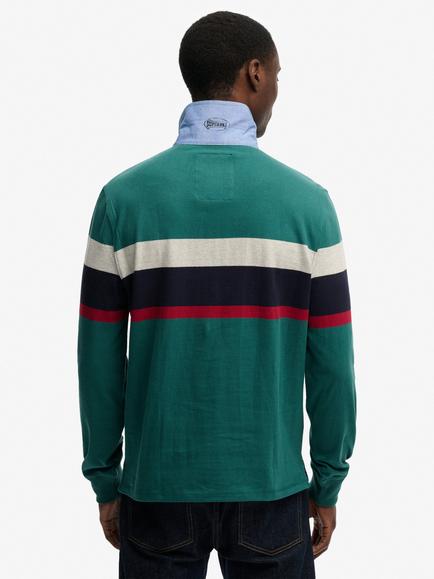 Superdry Vintage Chestband Cotton Rugby Shirt, Pacific Green/Multi - view 2, Pacific Green/Multi