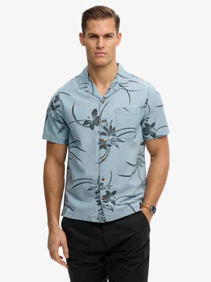 Superdry Vintage Loom Cabana Button Through Short Sleeve Cotton Shirt, Mid Blue, Mid Blue