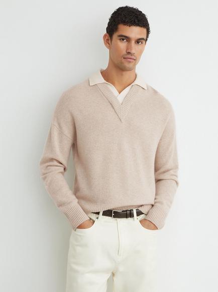 Reiss Corey Wool V-Neck Jumper, Oatmeal, Oatmeal
