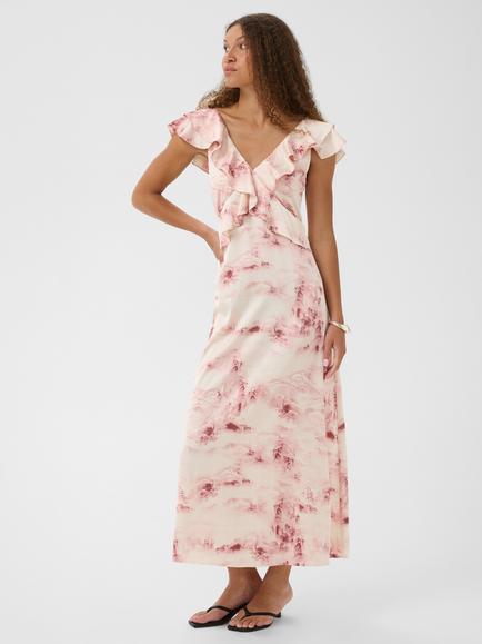 KAFFE Kasadie V-Neck Frill Maxi Dress, Pink/Nature, Pink/Nature