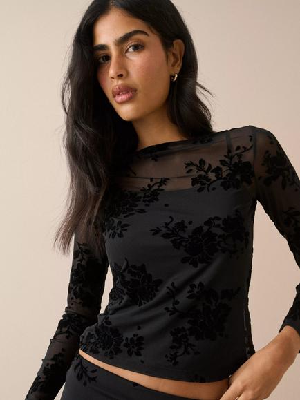 Nobody's Child Slash Velvet Devoré Floral Semi Sheer Top, Black, Black