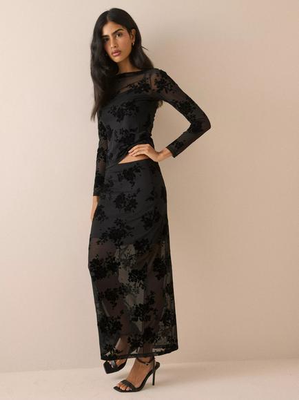 Nobody's Child Slash Velvet Devoré Floral Semi Sheer Top, Black - view 2, Black