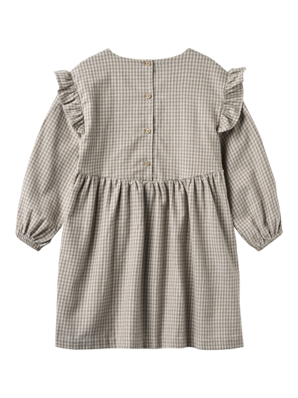 WHEAT Kids' Cotton Flannel Frill Sleeve Dress, Grey Brown - view 2, Grey Brown