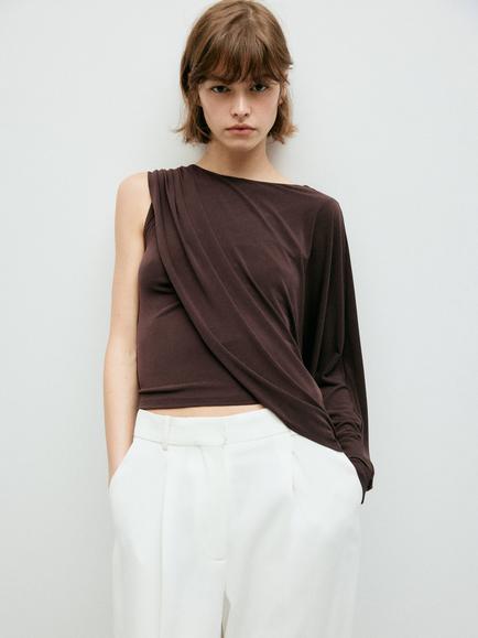 Mango Asymmetric Drape Blouse, Brown, Brown