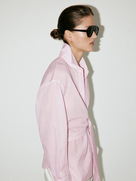Mango Tie-Waist Collared Shirt, Pink, Pink