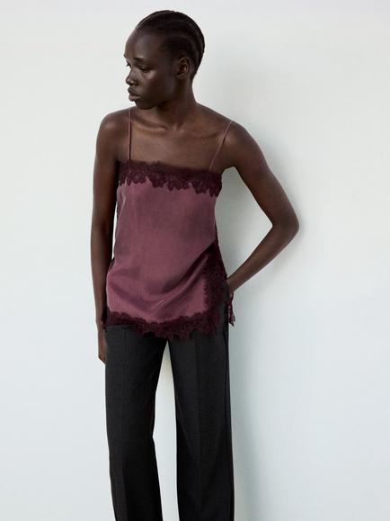 Mango Delicate Lace-Trim Camisole, Garnet, Garnet