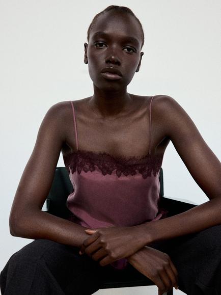 Mango Delicate Lace-Trim Camisole, Garnet - view 2, Garnet