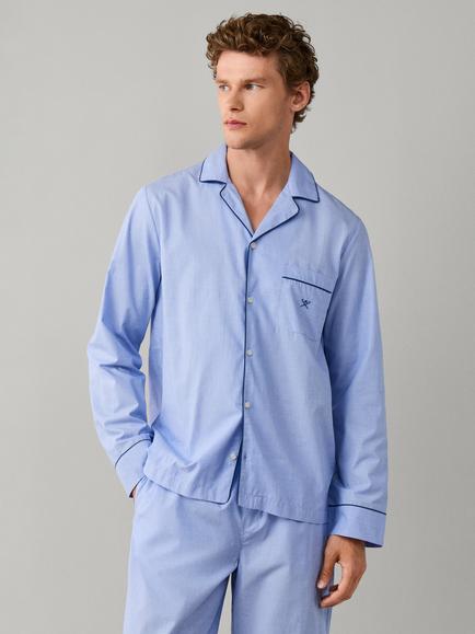 Hackett London Logo Button Through Long Cotton Pyjama Set, Summer Blue, Summer Blue