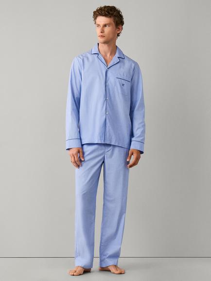 Hackett London Logo Button Through Long Cotton Pyjama Set, Summer Blue - view 2, Summer Blue