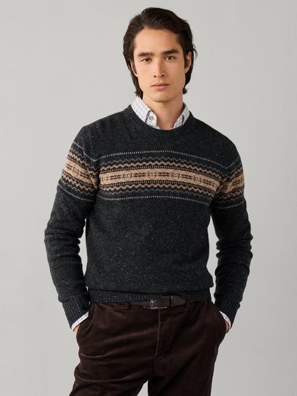Hackett London Merino Wool Fair Isle Crew Neck Jumper, College Grey, College Grey