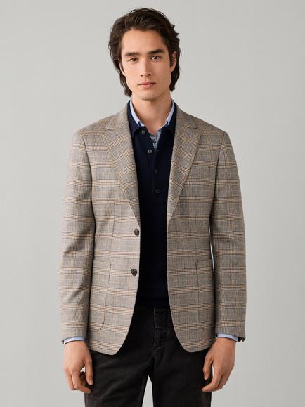 Hackett London Ascot Block Check Silk Wool Blend Blazer, Taupe Beige, Taupe Beige