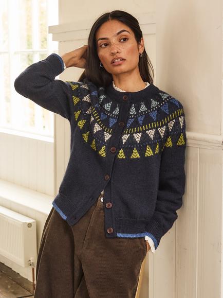 Celtic & Co. British Wool Geo Fair Isle Yoke Cardigan, Navy - view 2, Navy