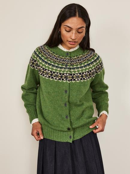 Celtic & Co. Highlands Fair Isle Wool Crew Neck Cardigan, Fern Green, Fern Green
