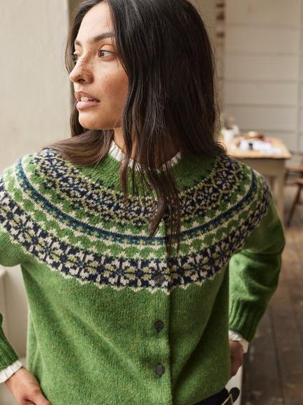 Celtic & Co. Highlands Fair Isle Wool Crew Neck Cardigan, Fern Green - view 2, Fern Green