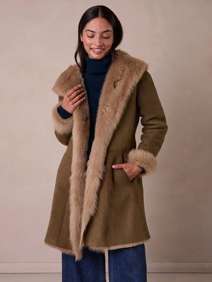Celtic & Co. Hooded 3/4 Toscana Sheepskin Trim Coat, Olive/Cream, Olive/Cream